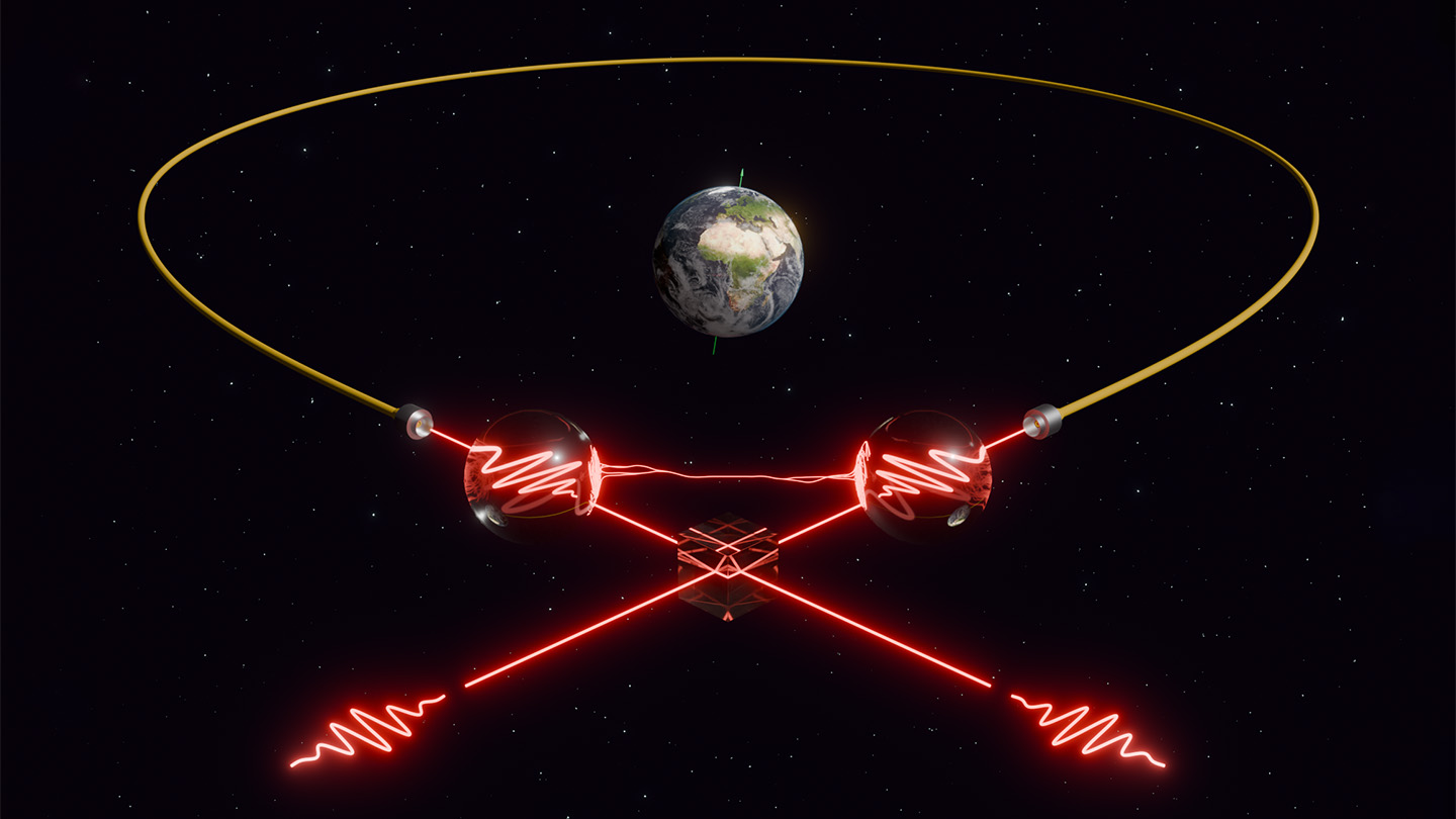 Red mushrooms representing photons are sent to a loop representing optical fiber in an interferometer, which circles the Earth against a starry background.