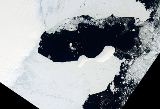 The former Conger ice shelf is shown as a white mass on Earth