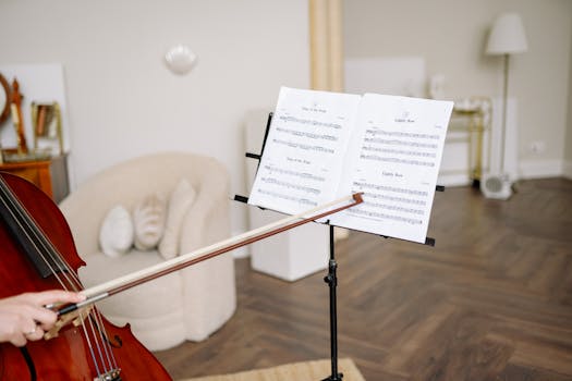 Close-up of a cello player with sheet music in a comfortable home environment.