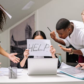 A stressed employee holds a 'HELP' sign at a busy office desk, depicting workplace pressure.