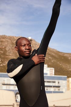 African American man in wetsuit stretching on a sunny beach, ready for surfing adventure.