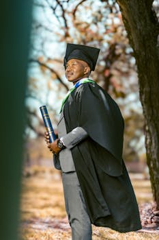 Young adult male graduate holding diploma in park setting, symbolizing achievement and success.